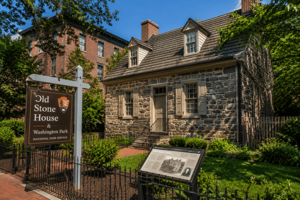 Old Stone House in Georgetown, Washington DC featuring historic stone architecture, a small garden, and one of the oldest preserved buildings in the city.