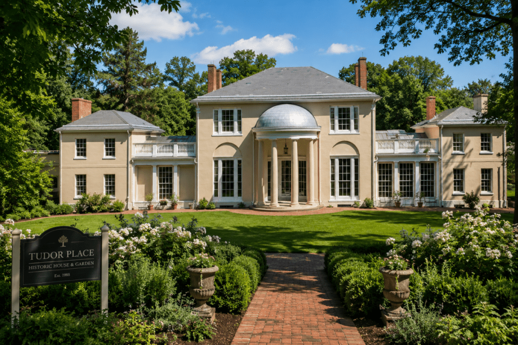 Tudor Place Historic House & Garden in Georgetown, Washington DC featuring a grand historic mansion, formal gardens, and a brick pathway leading to the estate.