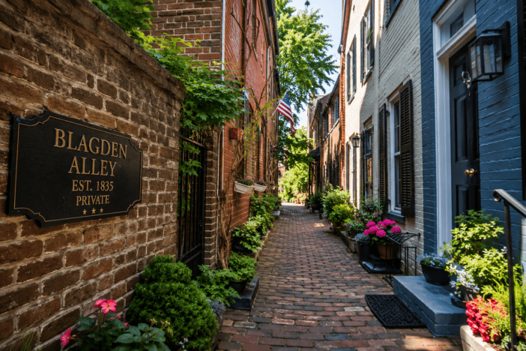 Blagden Alley in Washington DC with a narrow brick walkway, historic buildings, colorful plants, and local neighborhood charm.