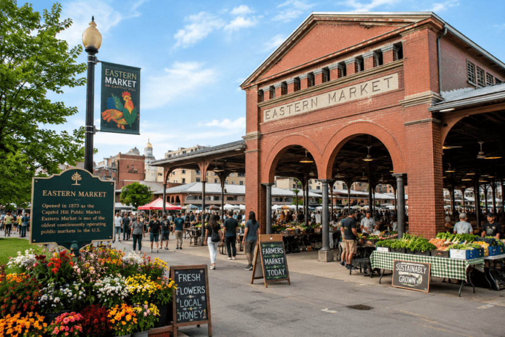 Eastern Market in Washington DC featuring the historic red brick market building, outdoor vendor stalls, fresh flowers, and shoppers exploring local goods.