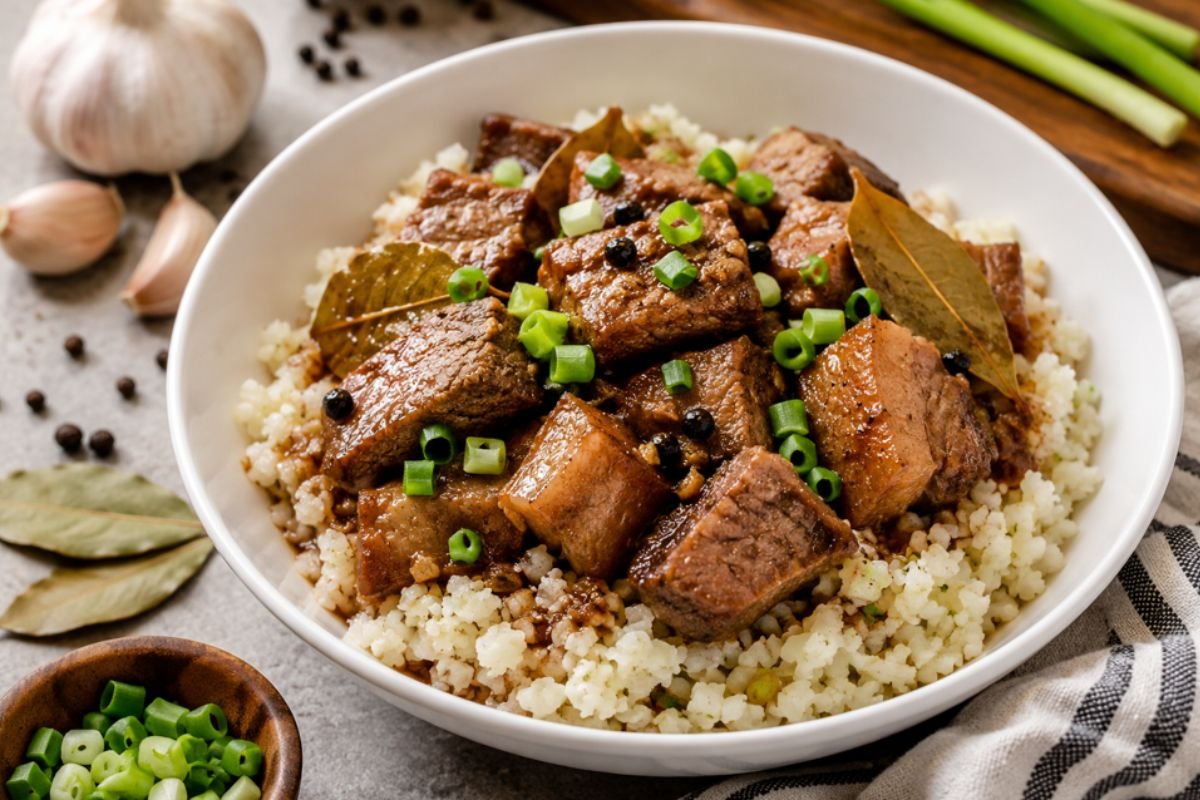 Pork Adobo served over cauliflower rice in a white bowl with garlic, bay leaves, and green onions.