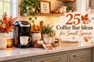 Small home coffee station with a brewer, mugs, tray, and fall accent on a narrow countertop.