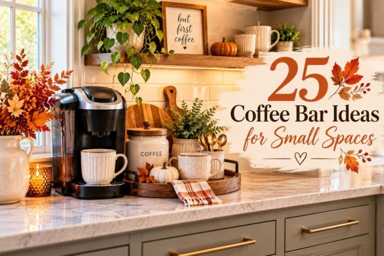 Small home coffee station with a brewer, mugs, tray, and fall accent on a narrow countertop.