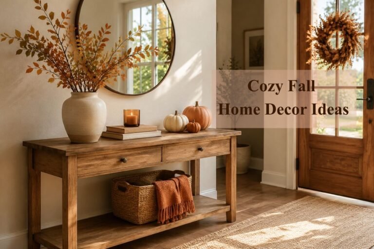 Cozy fall entryway with a wooden console table, autumn branches, pumpkins, a woven basket, and rust-colored throw.
