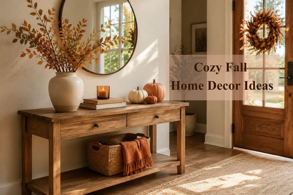 Cozy fall entryway with a wooden console table, autumn branches, pumpkins, a woven basket, and rust-colored throw.