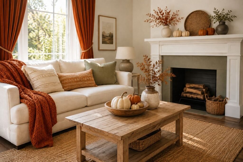Cozy fall living room with burnt orange velvet curtains, textured pillows, pumpkins, natural branches, and warm neutral décor.