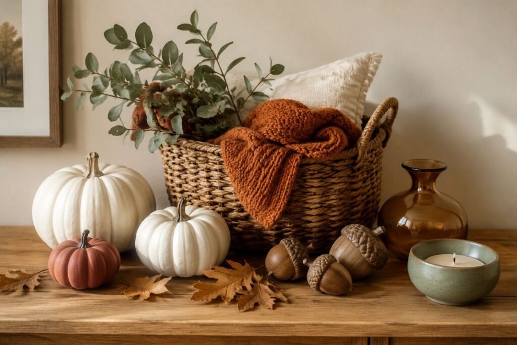 Fall décor arrangement with a woven basket, burnt orange throw, sage-green leaves, white pumpkins, wooden acorns, and an amber vase