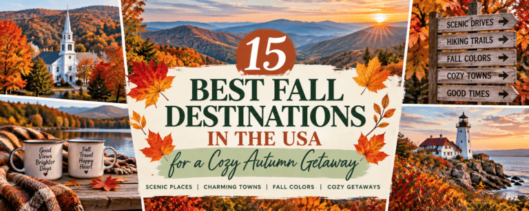 Fall travel collage featuring colorful U.S. autumn destinations, mountain scenery, a New England town, and a coastal lighthouse.