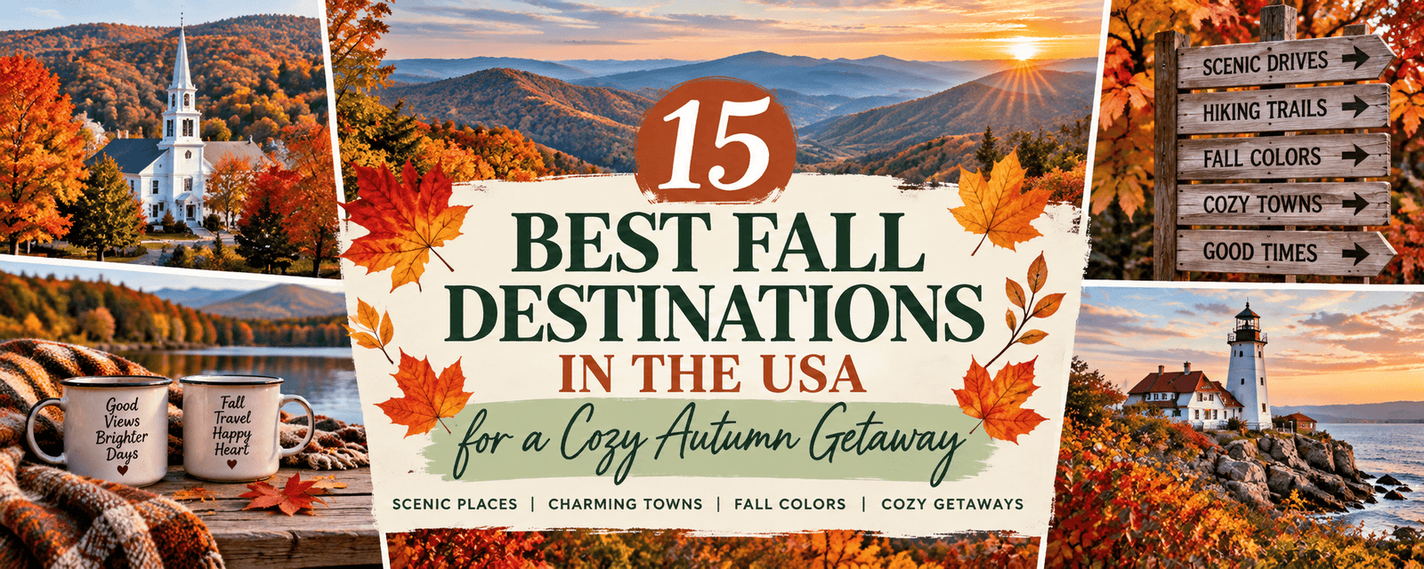 Fall travel collage featuring colorful U.S. autumn destinations, mountain scenery, a New England town, and a coastal lighthouse.