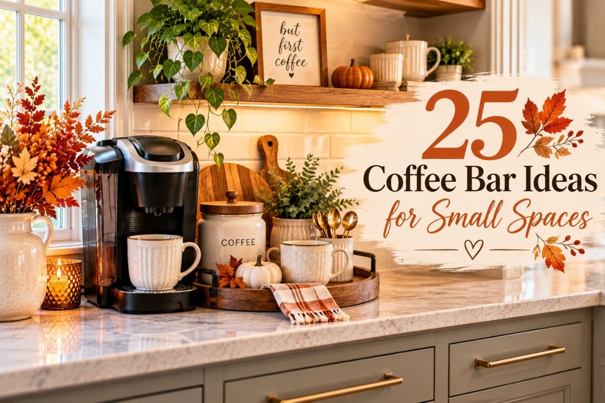 Small home coffee station with a brewer, mugs, tray, and fall accent on a narrow countertop.
